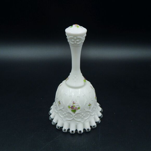 Fenton Glass Violets in Snow Spanish Lace Silver Crest Bell Artist Signed - Picture 4 of 6